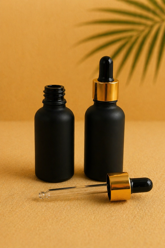 Klaaspudel pipetiga (must-kuldne) 30ml